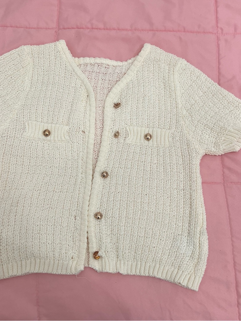 Cream Short-Sleeve Knit Cardigan Sweater - Picture 1 of 3